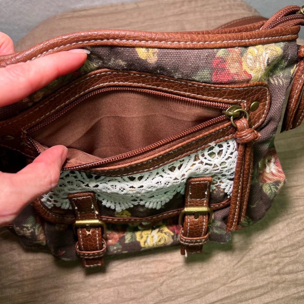 Floral Canvas Crossbody Brown Lace Trim 90s Nostalgia Y2K Cottagecore Boho Bag - Picture 7 of 13